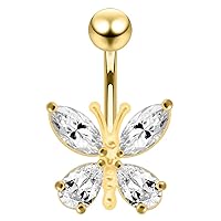 Gold Plated Clear Gem Cute Butterfly Sterling Silver Belly Ring