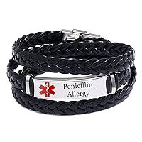 Free Customized Engraved Medical Alert Allergy Awareness Wrap Leather Bracelet, Personalized Medic ID Allergic Disease Identification Wristband for Women Men Life Saver for Emergency with Aid Bag