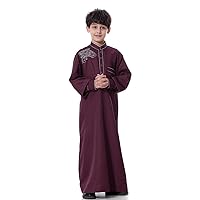 IDOPIP Muslim Thobe for Boys Kids Long Sleeve Islamic Arabic Kaftan Robe Embroidery Middle East Prayer Clothes with Pockets
