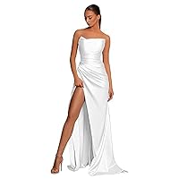 Strapless Mermaid Ball Gown Pleated Satin Ball Gown Long Split Bridesmaid Dress