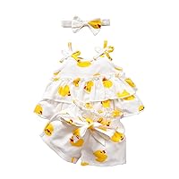 IMEKIS Toddler Baby Girls Summer Top Dress Shorts Set with Headband Floral Print Sleeveless Ruffle Birthday Princess Clothes