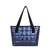 Large Quilted Tote Bag with Zip for Women Lightweight Winter Down Cotton Padded Plaid Shoulder Bags Quilted Bags Down Padding Handbags