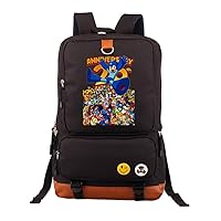 Rockman Megaman Anime Laptop Backpack Book Bag Work Bag Leather Splicing Rucksack with Pinback Buttons Black /7