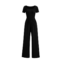Pretty Garden Womens Summer One Piece Jumpsuits Dressy Casual Short Sleeve Square Neck Wide Leg Jumpsuit Rompers