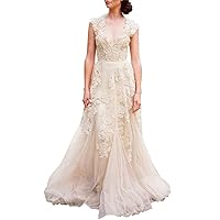 Women’s Vintage Wedding Dress Cap Sleeves Lace Bridal Gown Beach Boho Wedding Gown