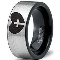Religious Cross Heart Love Ring - Tungsten Band 8mm - Men - Women - 18k Rose Gold Step Bevel Edge - Yellow - Grey - Blue - Black - Brushed - Polished - Wedding - Gift Dome Flat