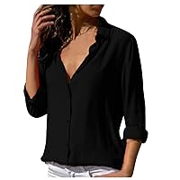 Women Button Down Shirts Office Drop Shoulder Oversized Blouse Lightweight Solid Color Long Sleeve Boyfriend Dress Shirt