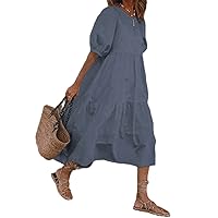 Women Vintage Maxi Dresses Summer Loose O-Neck Puff Sleeve A-Line Dress Casual Solid Long Dresses Sundress