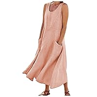 Women's Floral Dress Fashion Casual Solid Colour Sleeveless Cotton Linen Pocket Dress, S-3XL