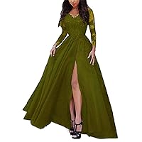Women's High Split Long Sleeves Formal Evening Dress Lace Appliques Backless Prom Ball Gown Army Green