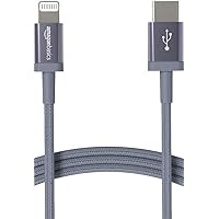 Amazon Basics USB-C to Lightning Charger Cable, Nylon Braided Cord, MFi Certified Charger for Apple iPhone 14 13 12 11 X Xs Pro, Pro Max, Plus, iPad, 6 Foot, Dark Gray