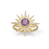 14k Gold Plated 925 Sterling Silver CZ Sunburst With Amethyst Ring CZ Sun Burst Center Jewelry for Women - Ring Size Options: 6 7 8 9