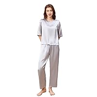 THXSILK Silk Women's Pajama Set, 6A Pure Mulberry Silk Round Neck Short Sleeve Nightwear with Long Pants