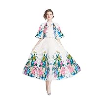 Summer Floral Print Beading Stand O Neck Belt Half Sleeve Women Ladies Casual Party Vacation Midi Long Pleated Dresses
