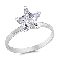 White CZ Star Solitaire Fashion Ring New .925 Sterling Silver Band Sizes 4-11
