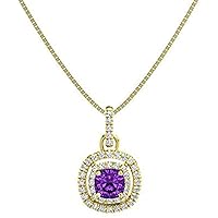 1.10 ctw Cushion Shape Created Amethyst & Cubic Zirconia 925 Sterling Sliver Halo Pendant Necklace Gifts for Women's/Girls 14K Gold Plated
