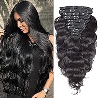 26inch Long Wavy Clip in Human Hair Extension Natural Color Brazilian Remy Body Wave on Extensions Full Head 100-150g (30inch 150grams, #1(Jet Black)), 30 Inch 150 Gram