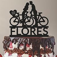 Bicycle Wedding Cake Topper, Bride And Groom Bicycle Couple Travel Bike Mr Mrs Custom, 7.8 Inch Acrylic and Wood Material Option
