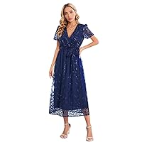 IDOPIP Women's Sequin Embroidery V-Neck Short Sleeve Maxi Evening Dress Sparkly Shiny Wedding Guest Party Cocktail Gowns