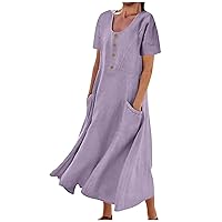 Pockets Maxi Sundress Womens Cotton Linen Dresses Summer Short Sleeved V Neck Swing Dress Loose Daily Dresses
