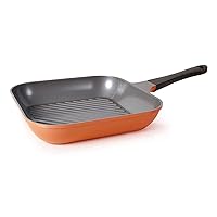 Neoflam Eela 11'' Non Stick Grill Pan Griddle Square Stovetop Grill with Sear Ridges, PFOA Free Ecolon Ceramic Coating for Skillet, broil, Fish, Vegetables and Meat, Scratch Resistant, Orange