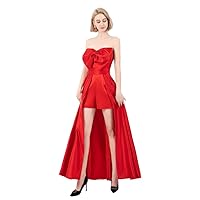 Women's Satin with Bow Prom Dress Detachable Strapless Belt Jumpsuit Formal Occasion Party Dresses