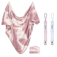 Bazzle Baby Blanket Set, Baby Girl or Baby Boy Swaddle and Hat Set, 36 x 36 inch Comfortable Newborn Swaddle Set for Newborn Girls and Boys, Mauve Tie Dye