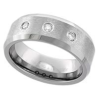 Sabrina Silver 8mm Tungsten 900 3 Stone Diamond Wedding Ring 0.22 cttw Beveled Edges Comfort fit, sizes 8 to 14
