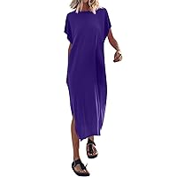 Women's Dresses 2024 Summer Solid Color T-Shirt Long Dress Round Neck Casual Loose Split Dress, S-3XL