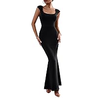 Women's Bodycon Maxi Dress 2024 Summer Cap Sleeve Square Neck Sexy Formal Cocktail Wedding Party Long Dress