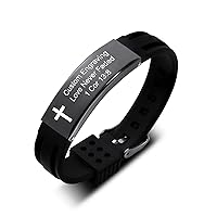 Religious Quote Faith Christian Bible Verses Inspirational Powerful Scripture ID Wristband Cross Engraved Text Stainless Steel Adjustable Silicone Bracelets Gift for Men