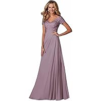 Women's Mother of The Bride Dresses with Sleeves V-Neck Lace Chiffon A-Line Evening Party Formal Gowns Plus Size