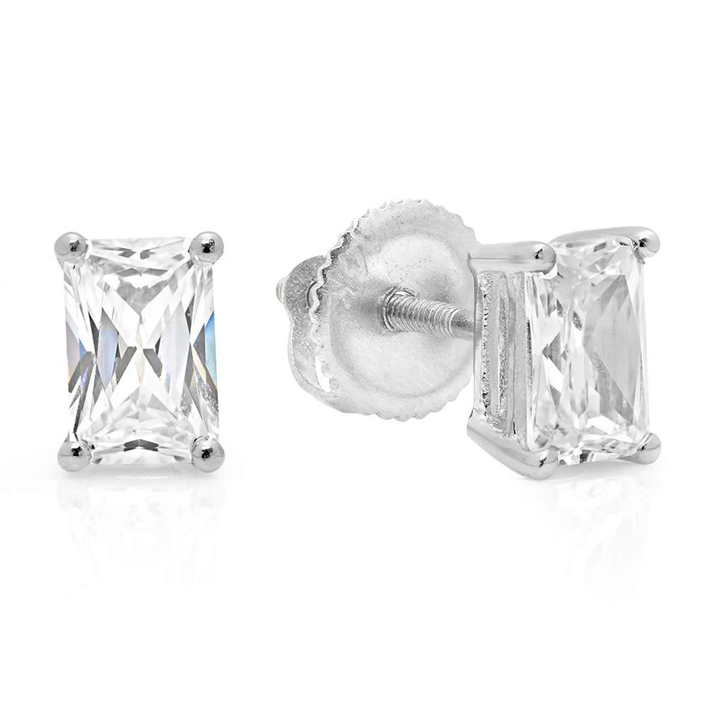 2.0 ct Emerald Cut ideal VVS1 Conflict Free Gemstone Solitaire Genuine Moissanite Designer Stud Earrings Solid 14k White Gold Screw Back