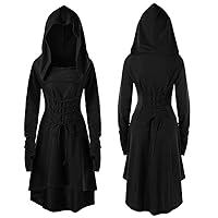 Womens Renaissance Costumes Hooded Robe Lace Up Vintage Pullover High Low Long Hoodie Dress Cloak