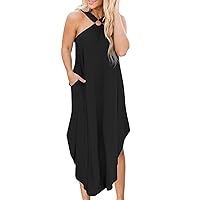 Women's Summer Dress Casual Criss Cross Sundress Sleeveless Split Maxi Long Beach Dress with Pockets