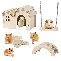 4 Pack Hamster Toys Set Guinea Pig Hideout Wooden Hamster House Pet Sport Exercise Toys Hamster Cage Accessories Including Hamster Villa, Seesaw, Swing, Bridge for Gerbil Hamster Hedgehog