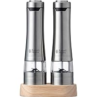Russell Hobs 7923JP Electric Mill, Salt and Pepper (Set of 2), Wood Stand Set, Silver