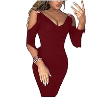 Sexy Dresses for Women Cold Shoulder 3/4 Sleeve Bodycon Dresses Deep V Neck Cleavage Wedding Guest Party Mini Dress