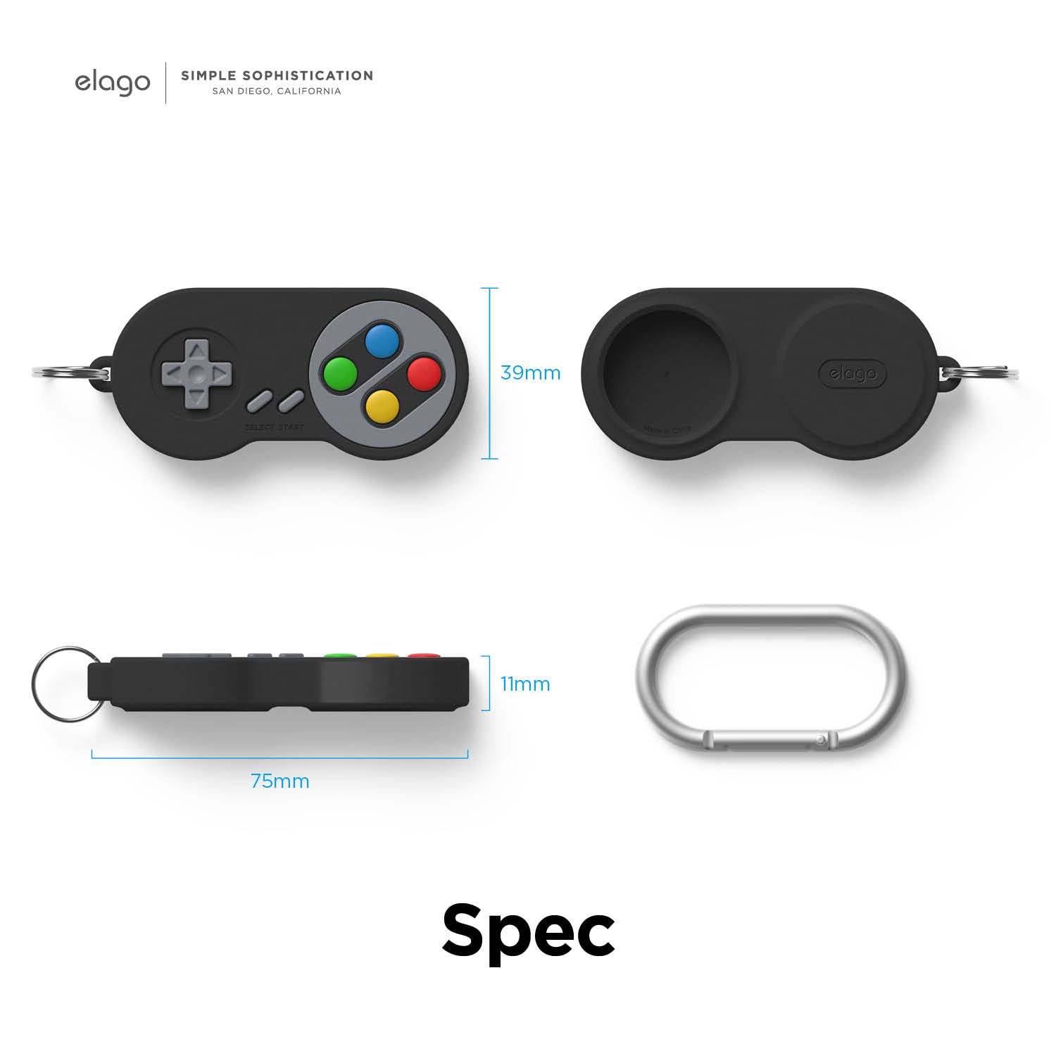 elago W5 Case Keychain Compatible with Apple AirTags - Drop Protection, Carabiner Key Ring, Classic Handheld Gaming Console Design (Track Dogs, Keys, Backpacks, Purses) Device Not Included [Black]