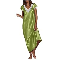 Womens Satin Maxi Dress Nightgowns Short Sleeve V Neck Lace Trim Sexy Loungewear Long Sleepwear A-Line Nightdress