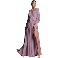 Long Sleeve Bridesmaid Dresses Chiffon V-Neck Prom Dress for Women Formal Evening Gowns with Slit Party Gown