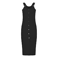 Women's Casual Button Front Sleeveless Split Ribbed Knit Bodycon Midi Dress Slim Fit Club Dress Solid Tank Dresses