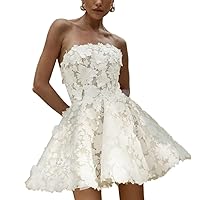 3D Flowers Short Wedding Dresses for Bride Strapless Bridal Gowns Formal Evening Party Dress Ivory 6