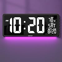 16” Large Digital Wall Clock with Remote Control and 7 Night Light, 4 Level Dimmer, Big LED Clock with Indoor Temperature, Date, Wall Mount/Fold Out Stand, Perfect for Home, Office, Gym (White)