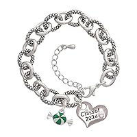Silvertone Green Peppermint Candy - Class of 2024 Heart Charm Link Bracelet, 7.25+1.25