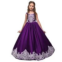 VeraQueen Girl's Satin Floor Length Pageant Dress with Bow A Line Straps Flower Girl Dress Ball Gown