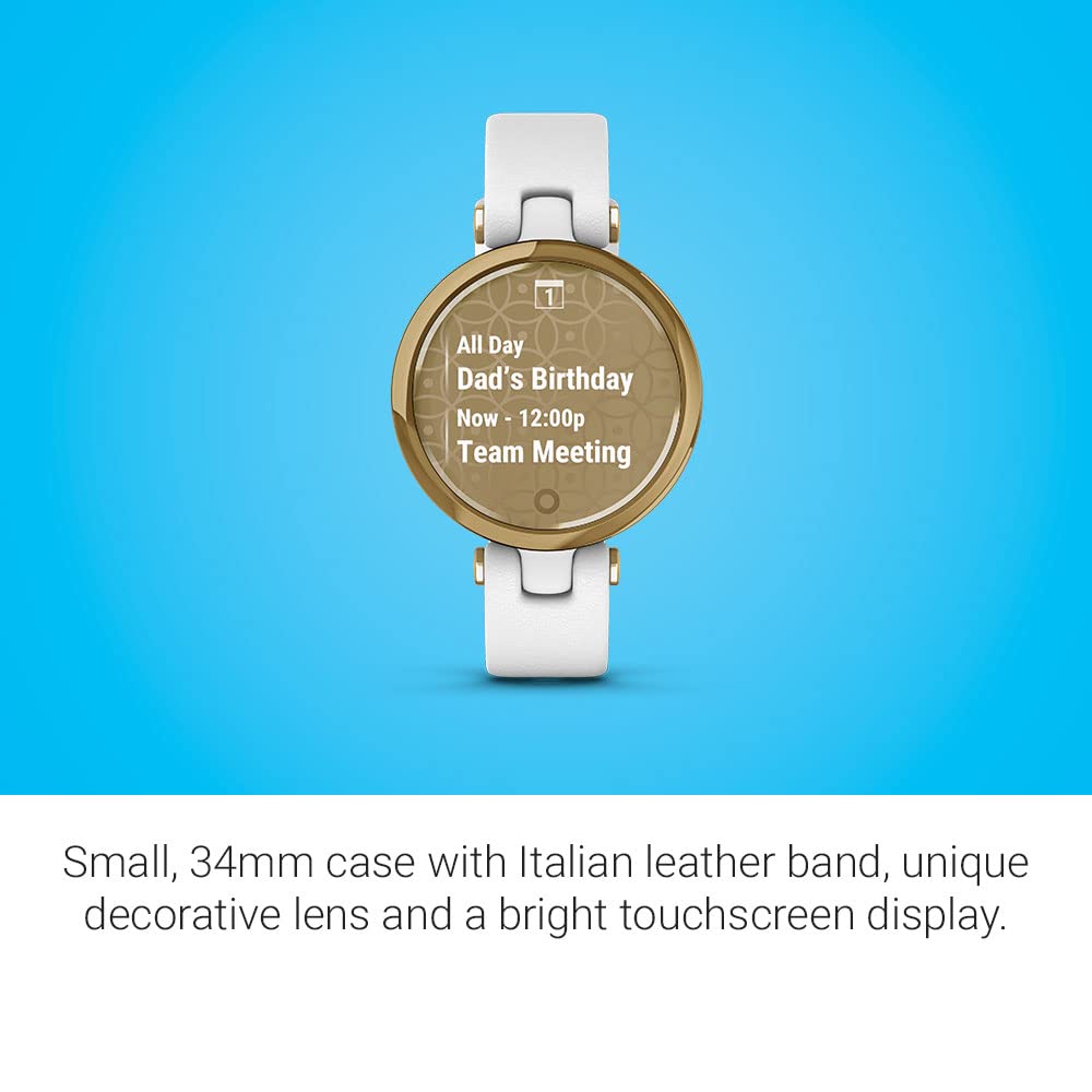 Garmin Lily™, Small Smartwatch with Touchscreen and Patterned Lens, Light Gold with White Leather Band