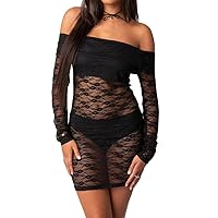 Women Long Sleeve Lace Mini Dress Y2k Square Neck Floral Dress Sexy Backless Cocktail Party Club Dresses