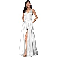 Women's V-Neck Satin Prom Dresses Long A Line Gown High Slit Formal Evening Dress with Pockets
