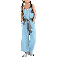 Haloumoning Girls Jumpsuit Kids Casual Sleeveless Wide Leg Long Pants Romper with Pockets 7-14 Years